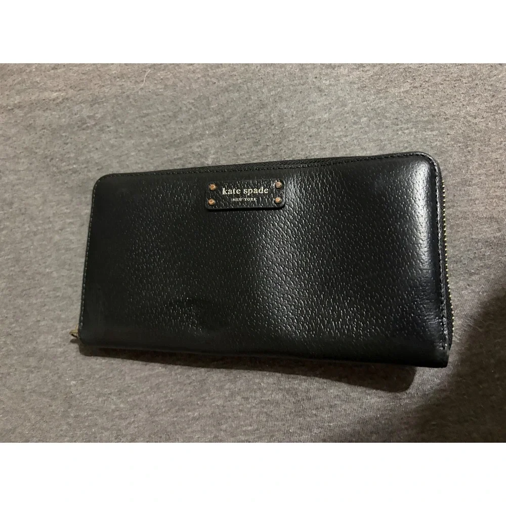 Kate Spade New York Black Pebbled Leather Zip Around Continental Wallet Gold